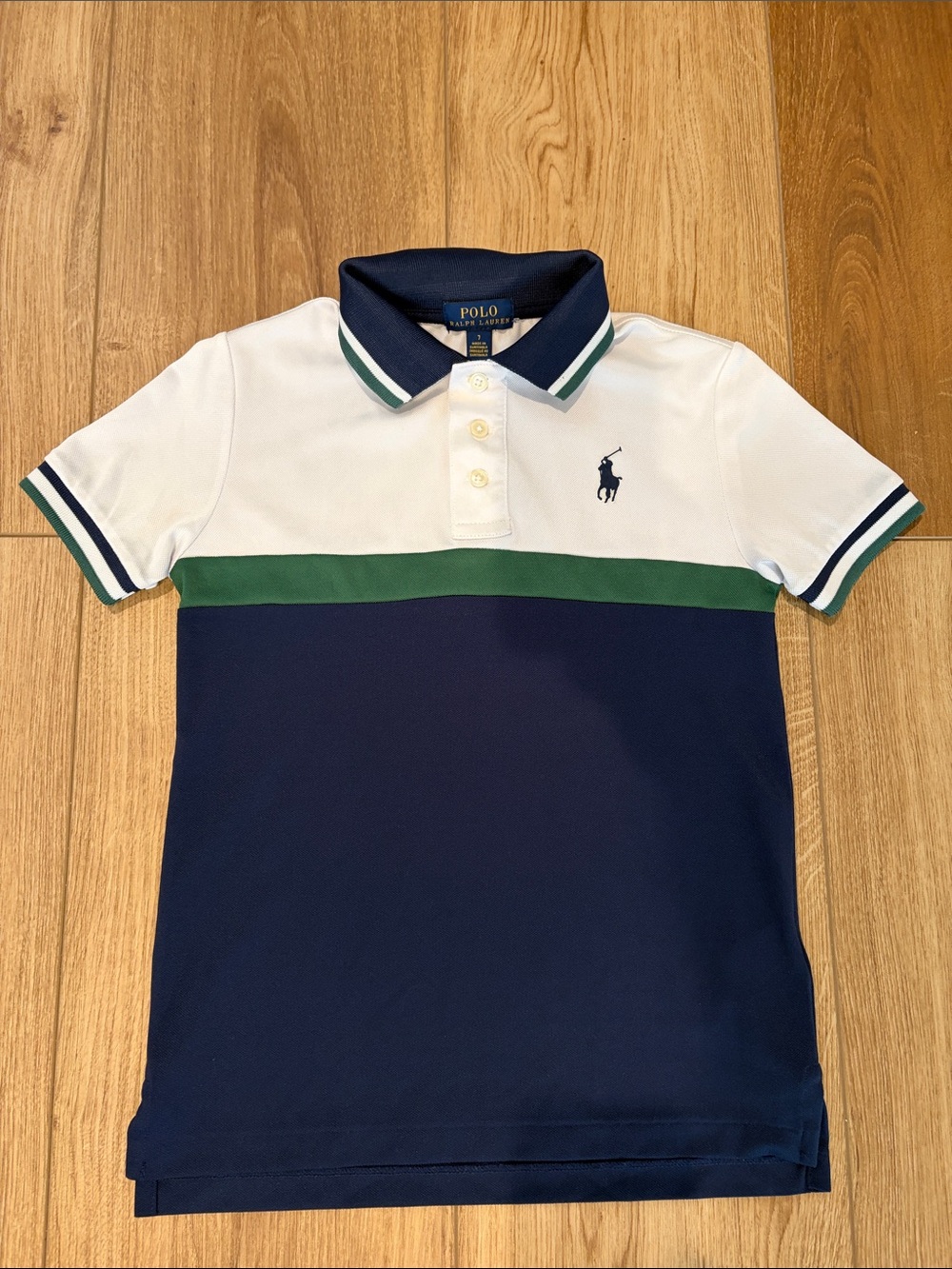 Polo by Ralph Lauren. Boys short sleeved Polo in Navy, White & Green